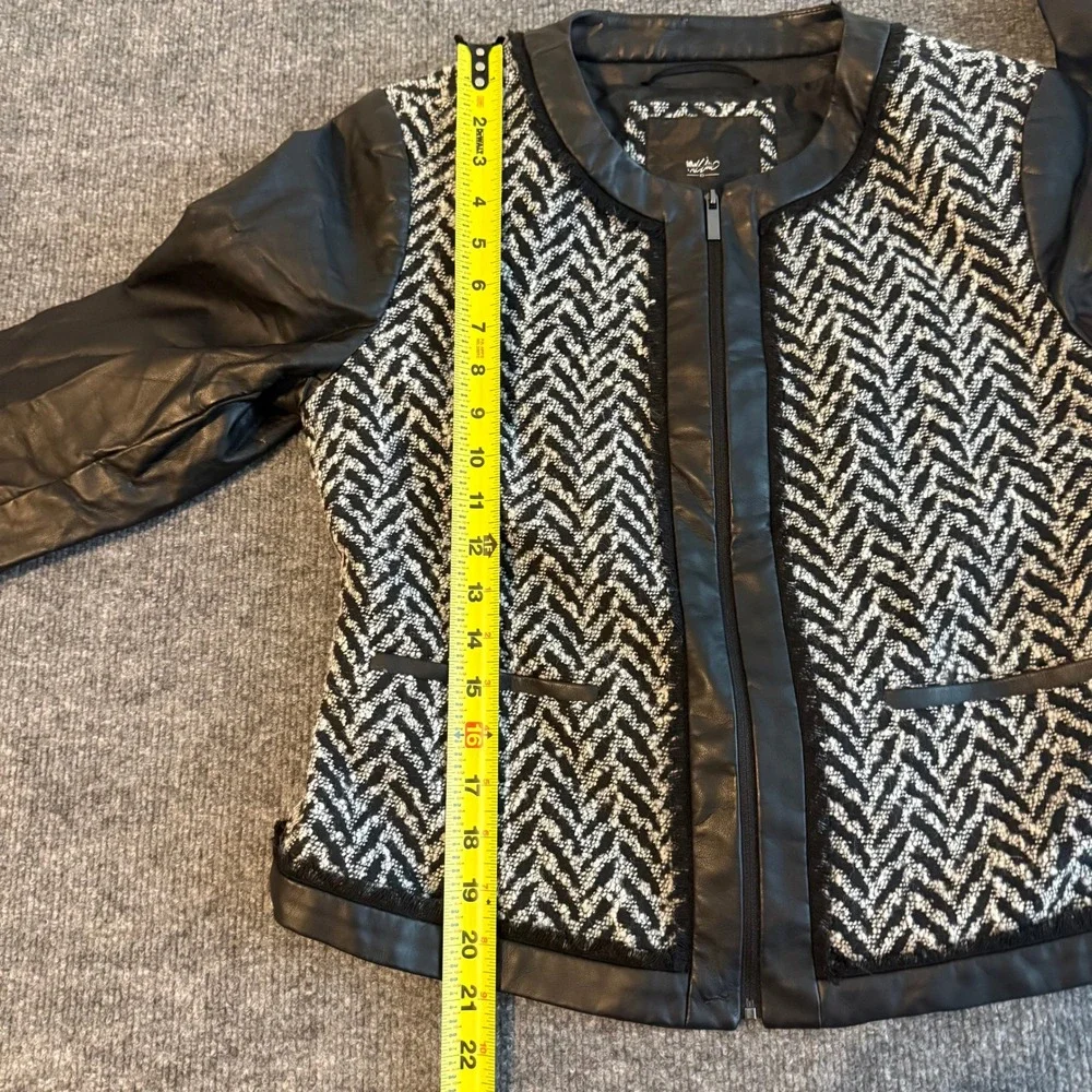 Mossimo Womens Black White Herringbone Tweed Faux Leather Zip Lined Jacket Sz M‎